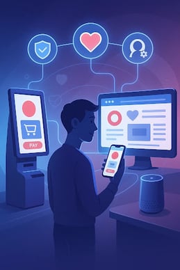 Futuristic digital customer interacting with brand across devices, showing the impact of customer loyalty in omnichannel marketing.